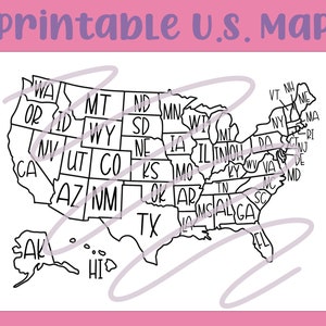 May include: A black and white line drawing of a map of the United States of America. Each state is labelled with its two-letter abbreviation. The map includes Alaska and Hawaii.