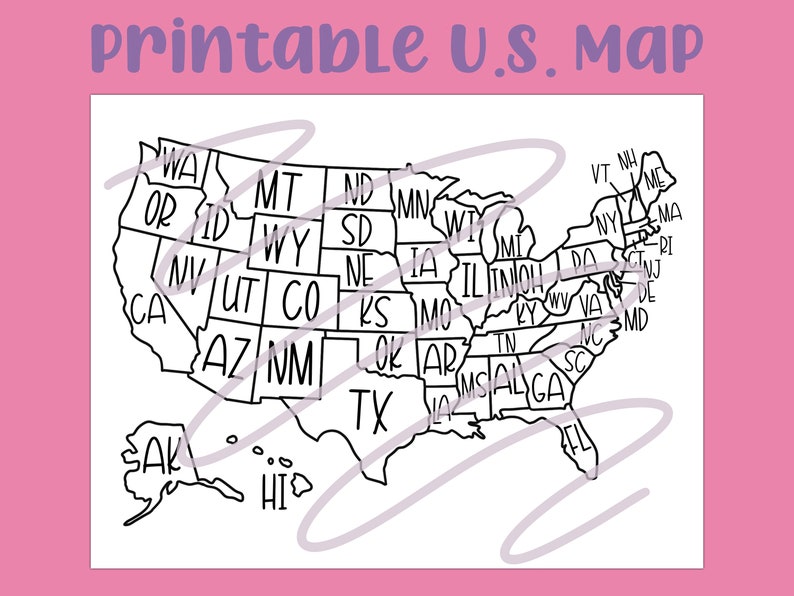 May include: A black and white line drawing of a map of the United States of America. Each state is labelled with its two-letter abbreviation. The map includes Alaska and Hawaii.