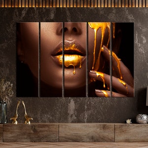 African American art Black Woman canvas print African Wall Art Fashion African Woman Gold Lips Luxury wall decor Black gold Large canvas art