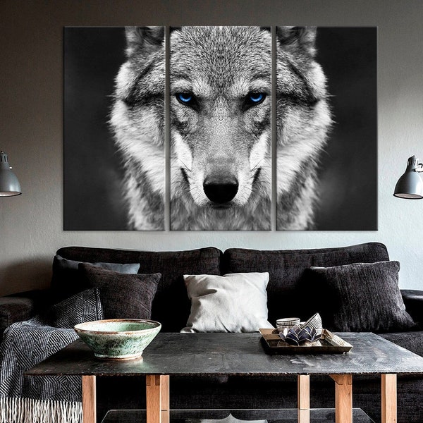 Loup toile murale art loup impression loup yeux bleus Animal décoration murale art de la faune loup décor multi panneau toile Extra Large Wall Art