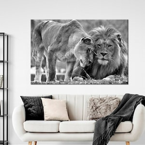 Lion lioness canvas wall art Black White print Lion family canvas art Anniversary gift for couple Love print Animals wall decor Lion art