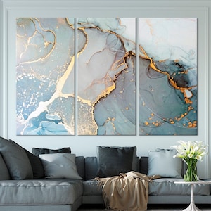 Abstract Blue Gold Canvas Print: Marble Sea Water Luxury Wall Art (Ready to Hang)