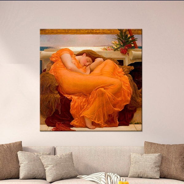 Flaming June Frederic Leighton Canvas Wall Art Reproduction print Orange art Famous Painting fine art print Sleeping girl Wall Decor