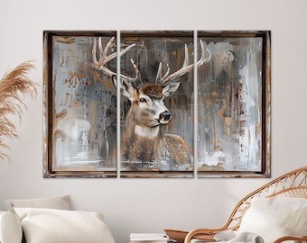 Art mural en toile avec cerf, impression de peinture, décoration murale rustique, wapiti sur bois, décoration de ferme, décoration rustique chic, art mural de la faune, grandes toiles d'art