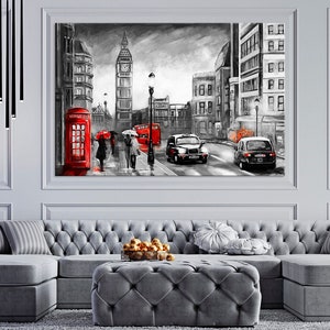 London canvas wall art Black white red London street print Red umbrella bus Modern wall decor Big Ben Large wall art Housewarming gift