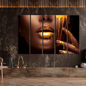 African American art Black Woman canvas print African Wall Art Fashion African Woman Gold Lips Luxury wall decor Black gold Large canvas art