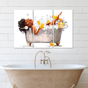 Bathroom canvas print African woman in bath Bathroom wall art Yellow Rubber Duck print Black Girl Wall Art Bath lover gift Woman in Bathtub