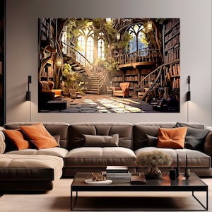Fantasy Library canvas wall art library Painting Print Book Lover Gift Modern art Fantasy wall decor Library Large Books canvas wall art
