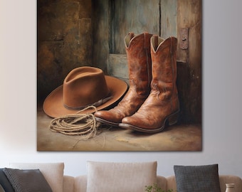 Cowboy hat large canvas wall art print Western wall decor Cowboy boots print Texas wall art Wild west Cowboy club art Cowboy decor
