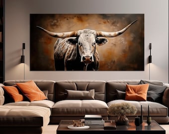 Texas Longhorn Canvas Wall Art, Farmhouse Cow Print, Ready to Hang Painting