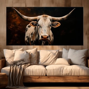 Texas Longhorn canvas wall art Bull print Farmhouse decor Cow Painting Man cave decor Modern Farmhouse cottage Living Room art Large canvas