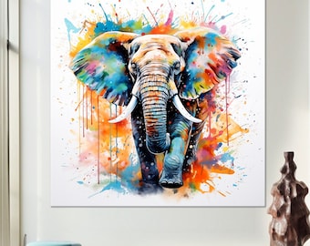 Watercolor Elephant Canvas Print, Colorful Abstract Wall Art
