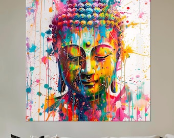 Colorful Abstract Buddha Canvas Wall Art: Yoga Meditation Decor Ready to Hang