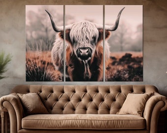 Art mural toile vache Highland Impression vache sépia Décoration de ferme Peinture rustique Art de salon de ferme attle Grande décoration murale Art vache Highland