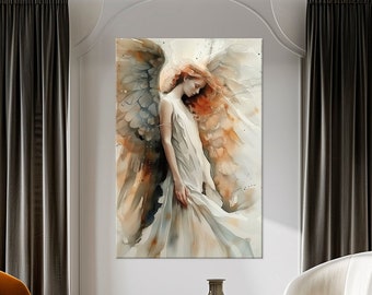 Abstract angel canvas wall art Woman with wings Religious painting Guardian angel print Modern religious art Angel Large religious decor
