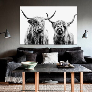Highland cow canvas wall art Farmhouse decor Cow Black White print Rustic wall decor Animals painting Scottish cow wall art