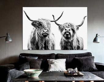Highland cow canvas wall art Farmhouse decor Cow Black White print Rustic wall decor Animals painting Scottish cow wall art
