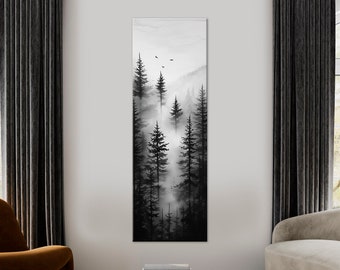 Impression sur toile forêt brumeuse grande art mural étroit peinture forêt noir blanc impression longue oeuvre d'art verticale forêt moderne grand art mural