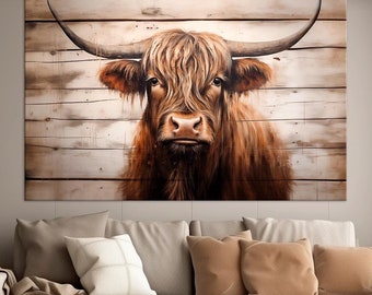 Highland Cow Painting Canvas: Rustic Farmhouse Cattle Wall Art, Ready to Hang