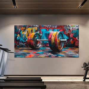 Gym canvas wall art Barbell graffiti print Weightlifting decor Sport Motivational poster Fitness wall art Home gym decor Large wall art