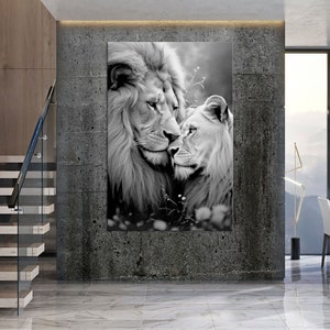 Lion canvas wall art Black White art Lion family print lion Painting lioness art canvas Anniversary gift for couple Love print Animals decor