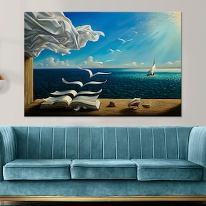 Salvador Dali Book to Birds canvas print Surrealism Wall Art  Reproduction print Fantasy Sea print Book Living room art Multi panel canvas