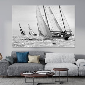 Sailboat print Yacht Regatta canvas wall art Yacht wall decor Seascape Art Sailing Ship Black White extra large wall art Sailing Regatta