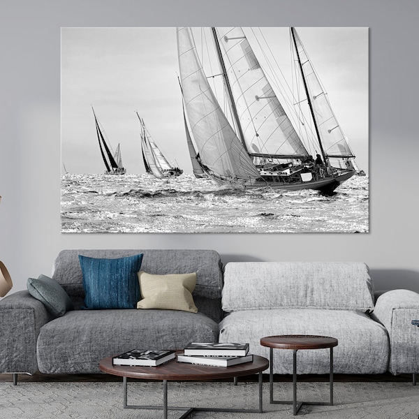 Sailboat print Yacht Regatta canvas wall art Yacht wall decor Seascape Art Sailing Ship Black White extra large wall art Sailing Regatta