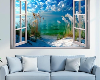 Lienzo con vista al mar y ventana abierta: Dunas de playa arenosa, arte mural costero.