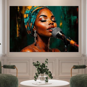 African American woman singing canvas wall art Black Woman Painting print Jazz Club decor Black ethnic art Singer Music Housewarming Gift