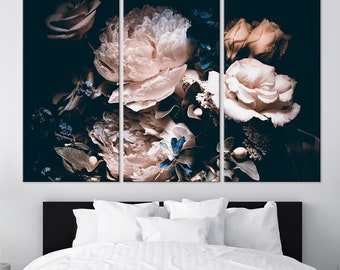 Floral canvas wall art Bedroom wall decor Pink peonies print Large Large wall art Flowers Dark floral art Housewarming gift Peonies painting