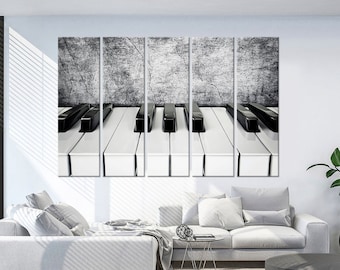 Music canvas wall art Piano Keys Black white painting print Music room decor Piano print Music gifts Housewarming gift Large wall art