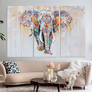 Elephant painting print Abstract Indian wall art Modern art Elephant canvas print Indian decor Colorful elephant Large Housewarming gift