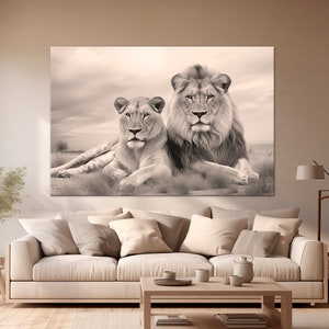 Lion canvas wall art Lion family sepia print African Lion lioness painting Anniversary gift for couple Wildlife Animals large wall decor