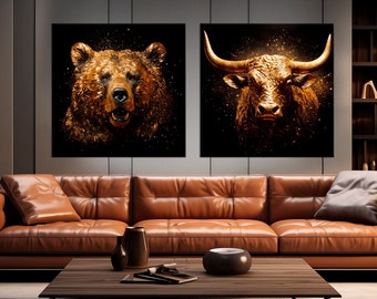 Bull bear canvas wall art Stock market print Office Wall decor Gold Bull bear Wall street Business gifts Market Stock Exchange Finance Art