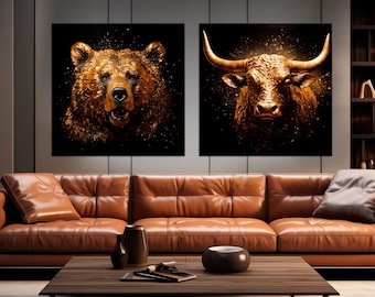 Bull bear canvas wall art Stock market print Office Wall decor Gold Bull bear Wall street Business gifts Market Stock Exchange Finance Art