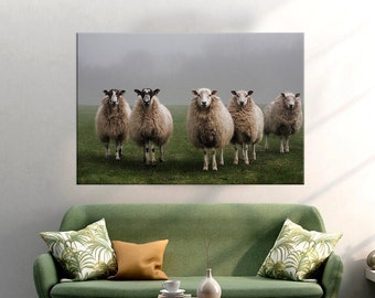 Sheep canvas wall art Animals Print Rustic decor Farm wall art Foggy landscape Sheep gifts Sheep painting Large canvas art