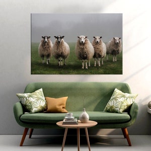 Sheep canvas wall art Animals Print Rustic decor Farm wall art Foggy landscape Sheep gifts Sheep painting Large canvas art