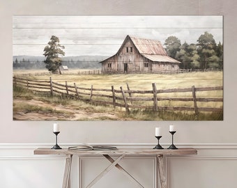 May include: A rectangular wall art print featuring a landscape painting of a weathered wooden barn in a golden field. A rustic split-rail fence runs across the foreground, leading toward a line of green trees under a soft, overcast sky.