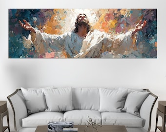 Jesus Christ Canvas Wall Art Panoramic Christian Print Modern Religious Decor Large Panoramic Faith Art Heavenly Ascension Painting