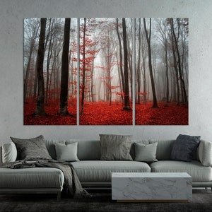 Forest canvas wall art Tree print Autumn forest canvas Red leaves wall decor Foggy Forest Red Tree art Nature Extra large wall art