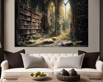 Fantasy Library canvas wall art Library Painting Print Book Lover Gift Dark cottagecore wall decor Large dark academia art Book canvas print