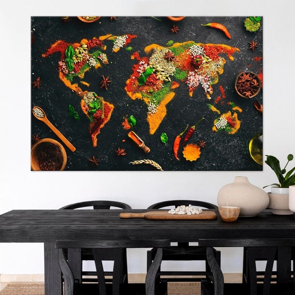 Spices canvas print World Map Spices wall art Kitchen wall decor Spices and herbs print Restaurant decor Food wall art Extra Large Wall Art