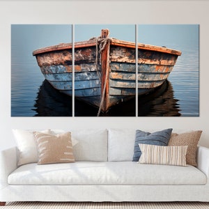 Rustic wooden boat canvas wall art Boat on the water print Lake House decor Rustic wall art Old Boat print Cottage Wall Decor Boat Painting