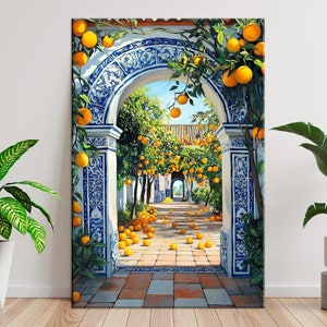 Cuadro de un patio con naranjos: Pintura de paisaje mediterráneo de arte español.