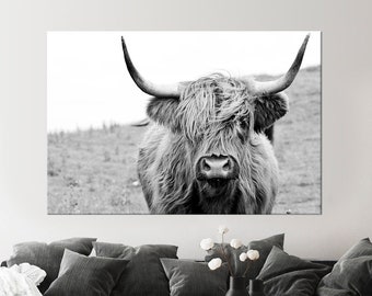 Highland cow canvas wall art Farmhouse decor Cow Black White print Rustic wall decor Animals painting Scottish cow wall art