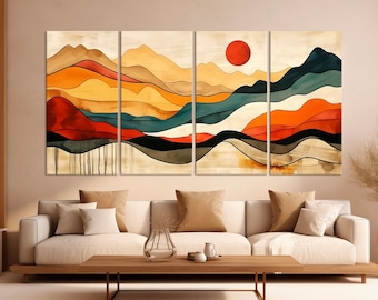 May include: Abstract watercolor painting of a mountain landscape with a red sun in the sky. The painting is divided into four panels, each with a different color scheme. The colors used are yellow, orange, red, blue, and green.