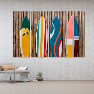 Colorful surfboards on bamboo wall Large Canvas Art Surfboard wall art Beach house decor Surfboard print Activity wall decor Surfer gift