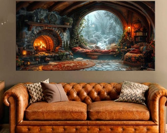 Fantasy canvas wall art Fantasy Hole Painting print Fantasy house fireplace wall decor Winter print Large wall art Housewarming gift