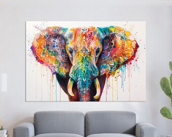 Abstract Elephant Canvas Print, Colorful Indian Wall Art